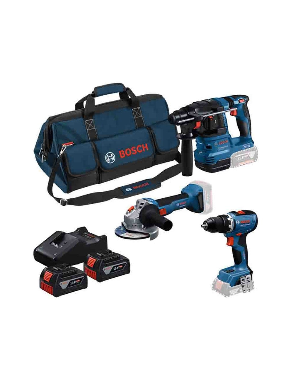 PACK BOSCH PROFESSIONAL 18V: Taladro, Martillo SDS Plus y Amoladora con 2 Baterías ProCORE