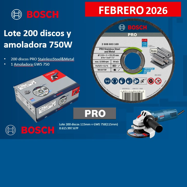 Pack 200 Discos Bosch PRO + Amoladora 115MM Bosch GWS 750