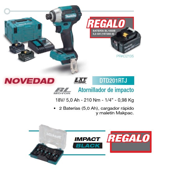 Atornillador de Impacto Makita DTD201RTJ 18V - 210Nm + Regalos