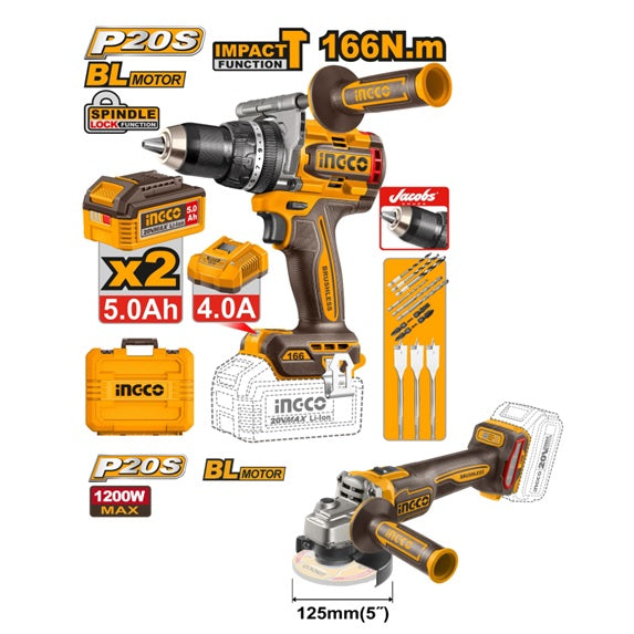 Pack INGCO P20S – Taladro Percutor Brushless + Amoladora de Regalo