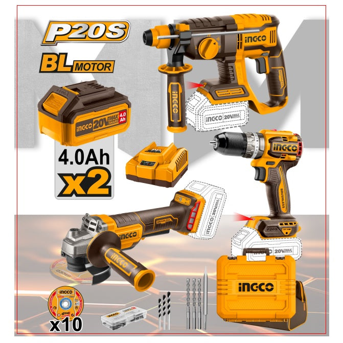 Pack INGCO Brushless 3 Herramientas 20V + 2 Baterías 4Ah + Cargador + Maletín + Accesorios