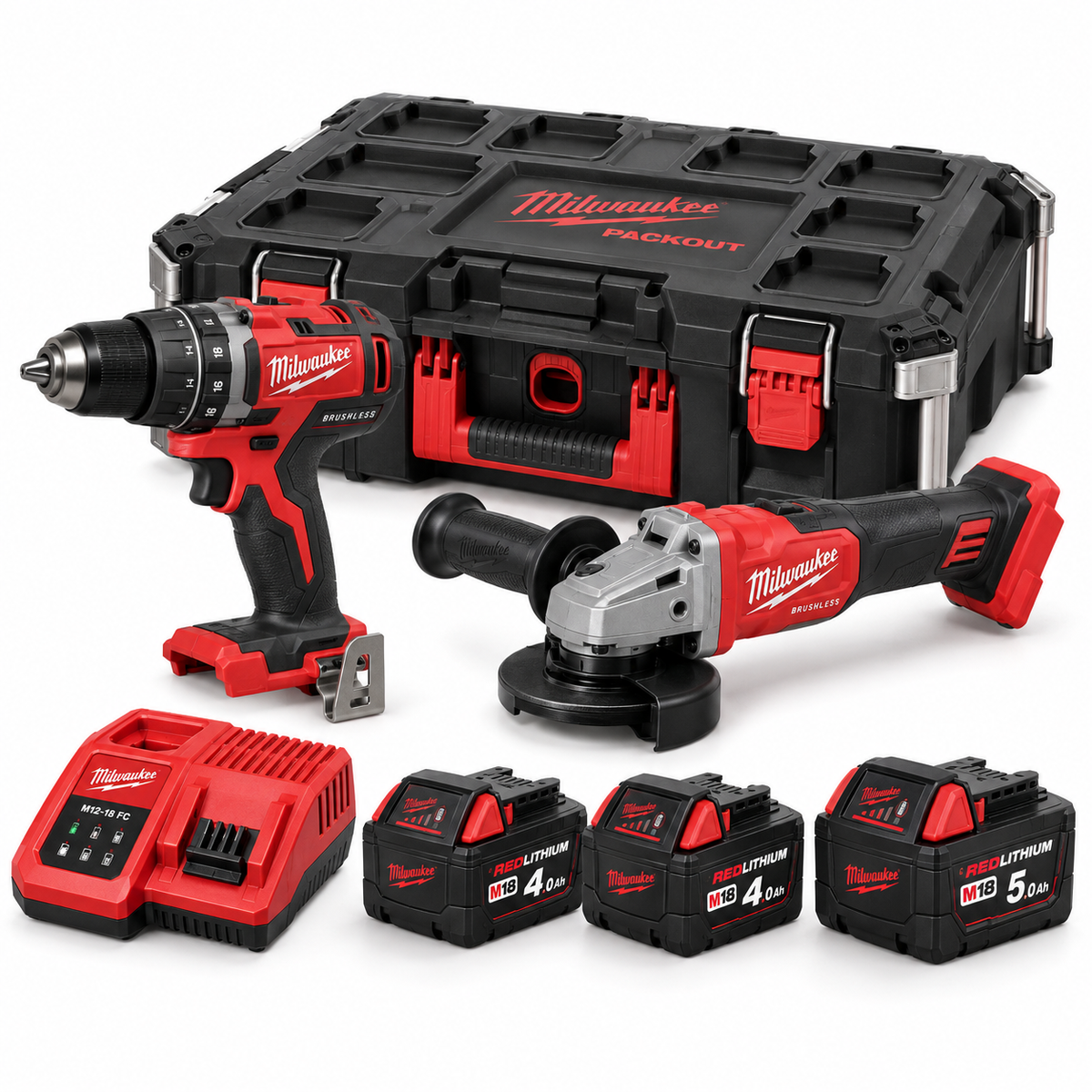 Pack Milwaukee M18 STC: Taladro BLPDRC + Radial BLSAG125X